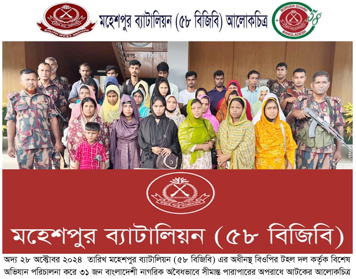 ঝিনাইদহের মহেশপুর সীমান্ত দিয়ে অবৈধ পারাপারের সময় ৩১ জন আটক